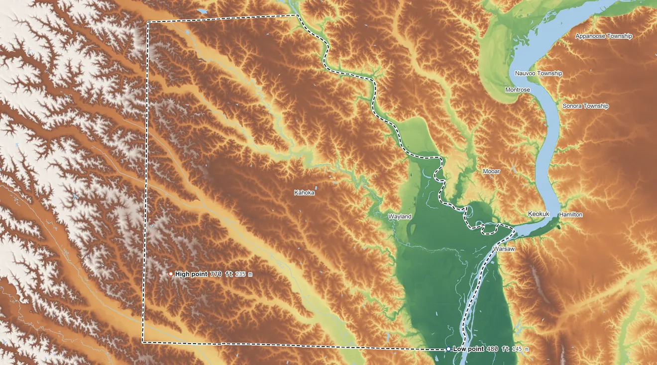 Topographic elevation map of Clark County, Missouri, shaded from 480 ft on the southeast side to 770 ft on the southwest side