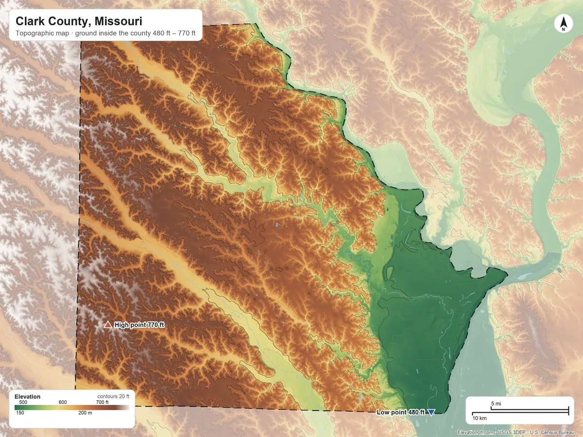 Topographic elevation map of Clark County, Missouri, shaded from 480 ft on the southeast side to 770 ft on the southwest side