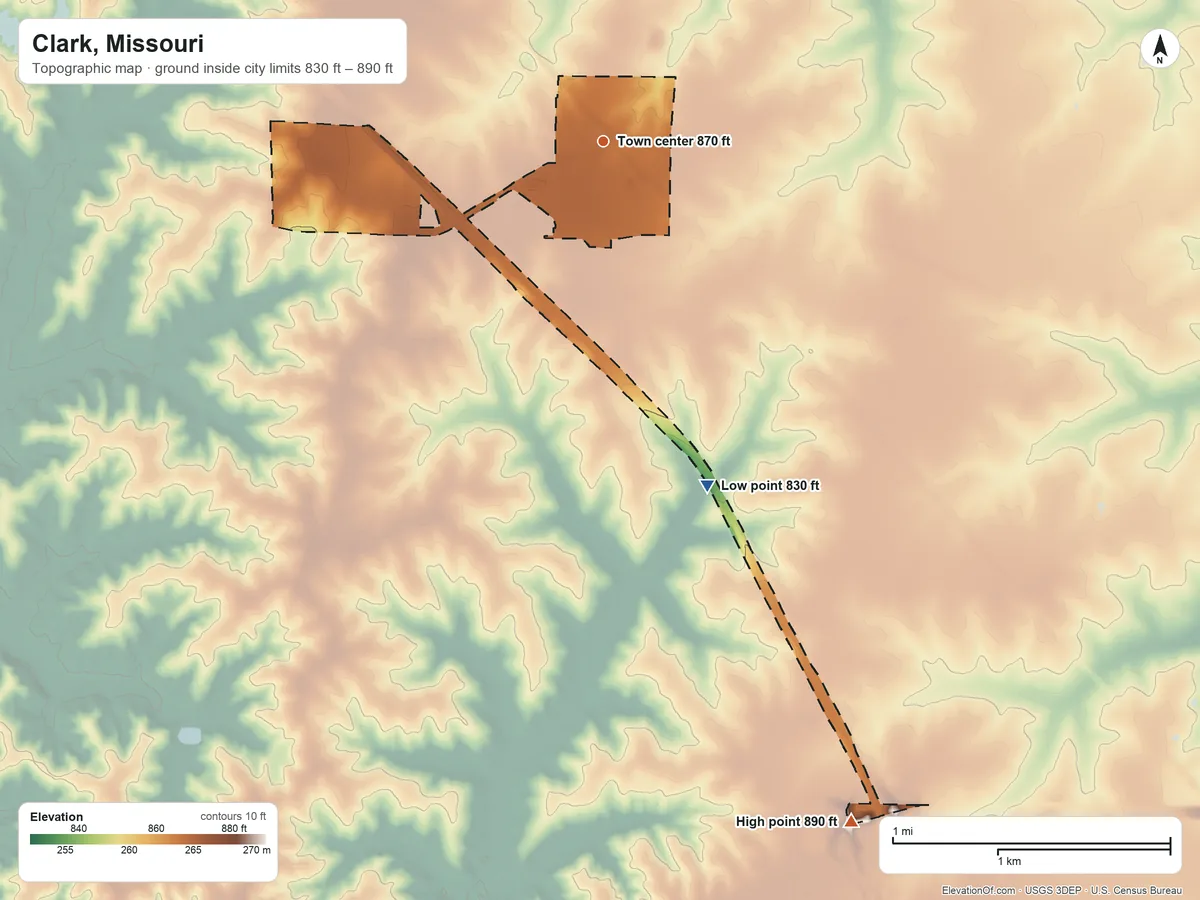 Topographic elevation map of Clark, Missouri, shaded from 830 ft on the south side to 890 ft on the south side