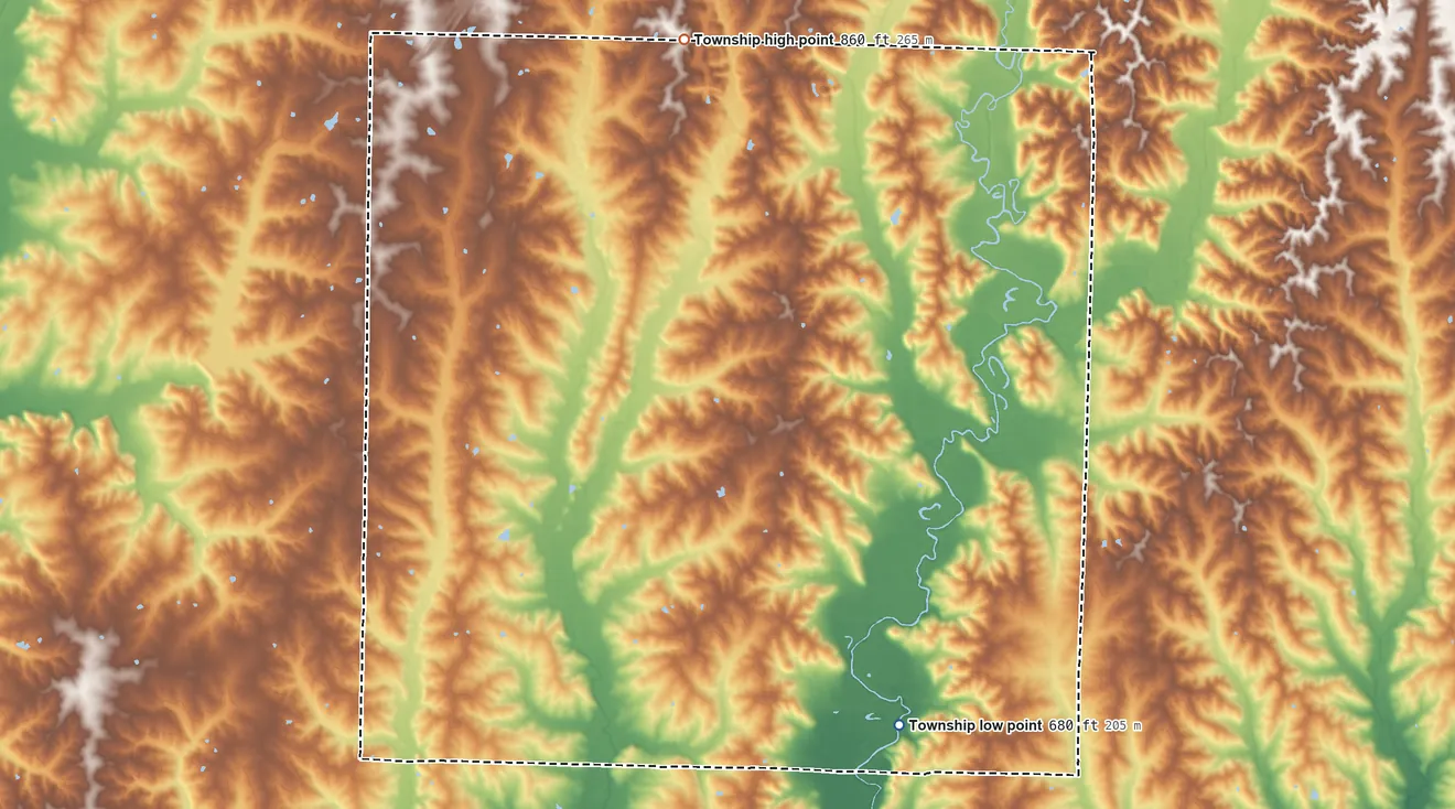 Topographic elevation map of Clark Township, Missouri, shaded from 680 ft on the southeast side to 860 ft on the north side