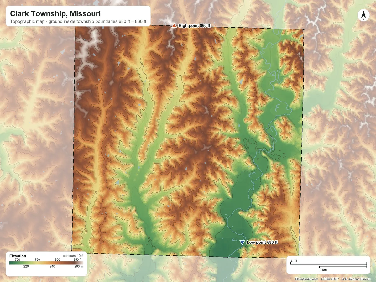 Topographic elevation map of Clark Township, Missouri, shaded from 680 ft on the southeast side to 860 ft on the north side