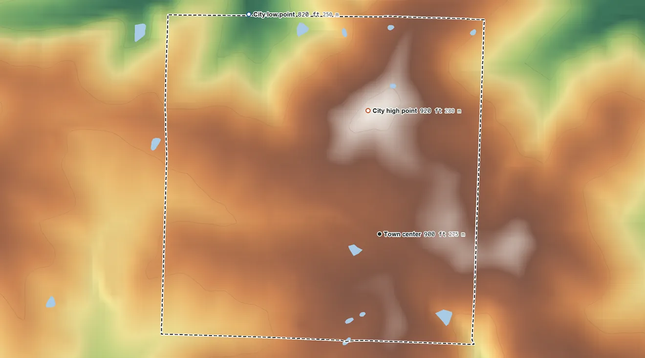 Topographic elevation map of Clarksburg, Missouri, shaded from 820 ft on the northwest side to 920 ft on the north side