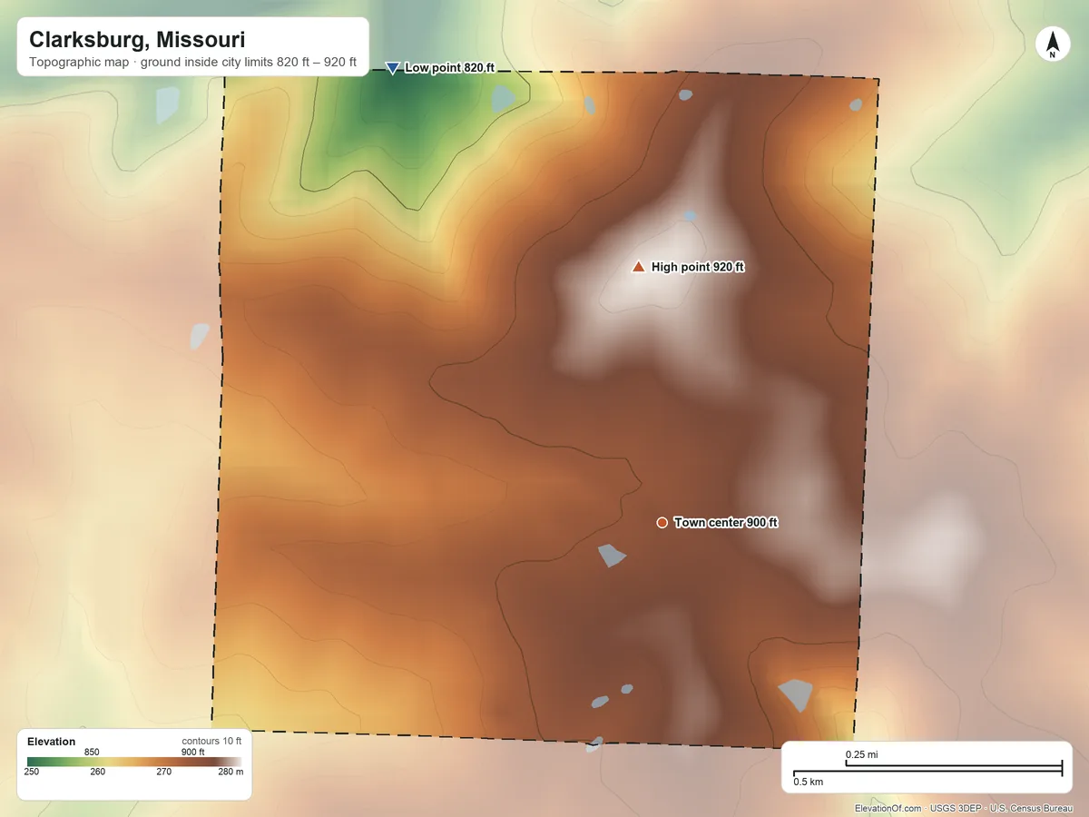 Topographic elevation map of Clarksburg, Missouri, shaded from 820 ft on the northwest side to 920 ft on the north side