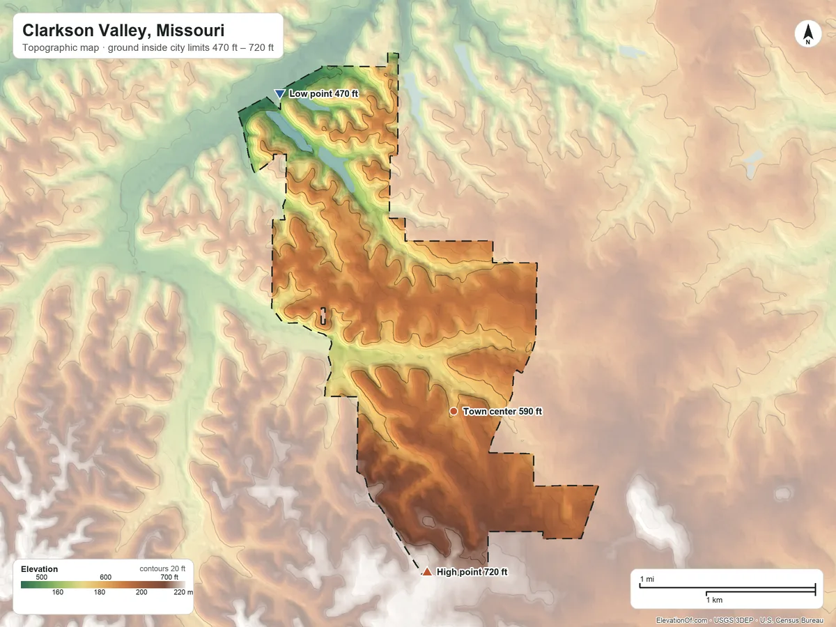 Topographic elevation map of Clarkson Valley, Missouri, shaded from 470 ft on the northwest side to 720 ft on the south side