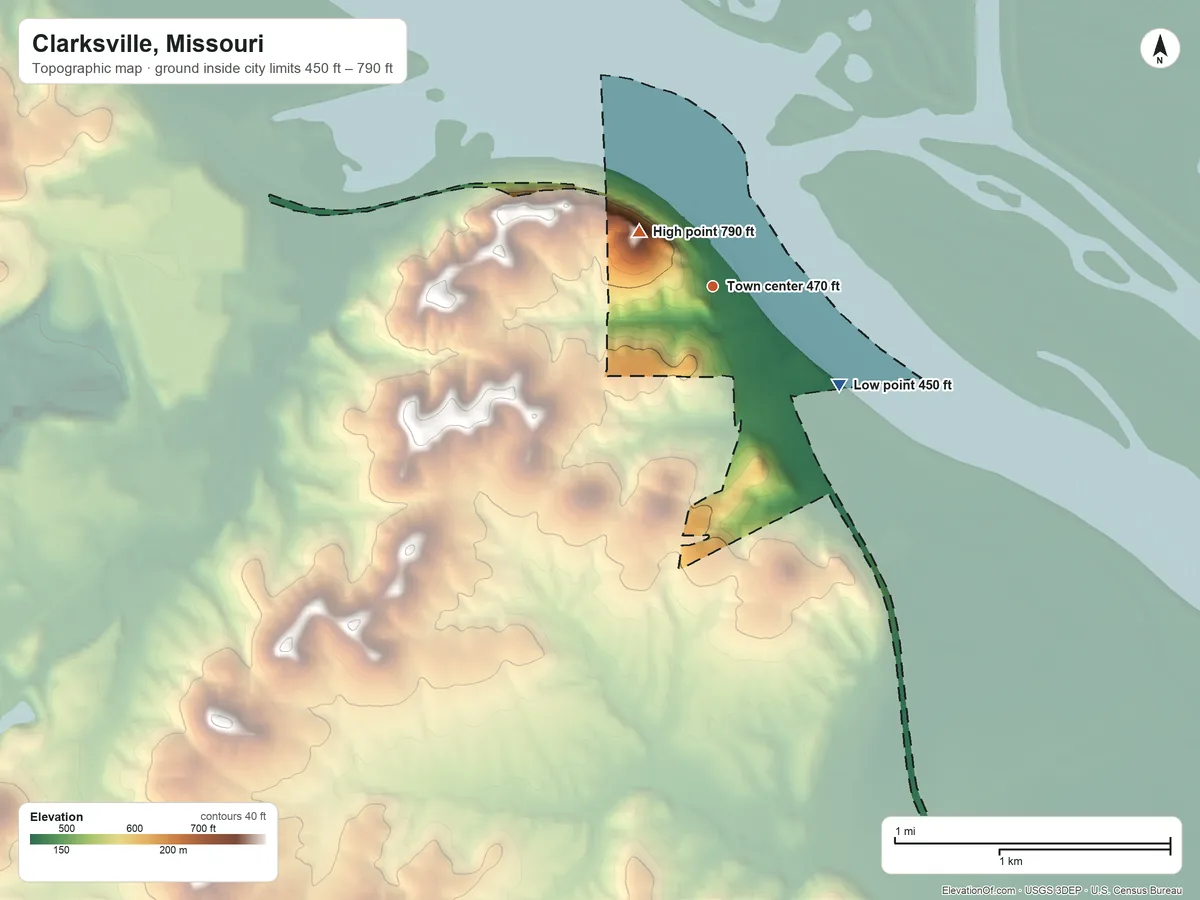 Topographic elevation map of Clarksville, Missouri, shaded from 450 ft on the southeast side to 790 ft near the middle