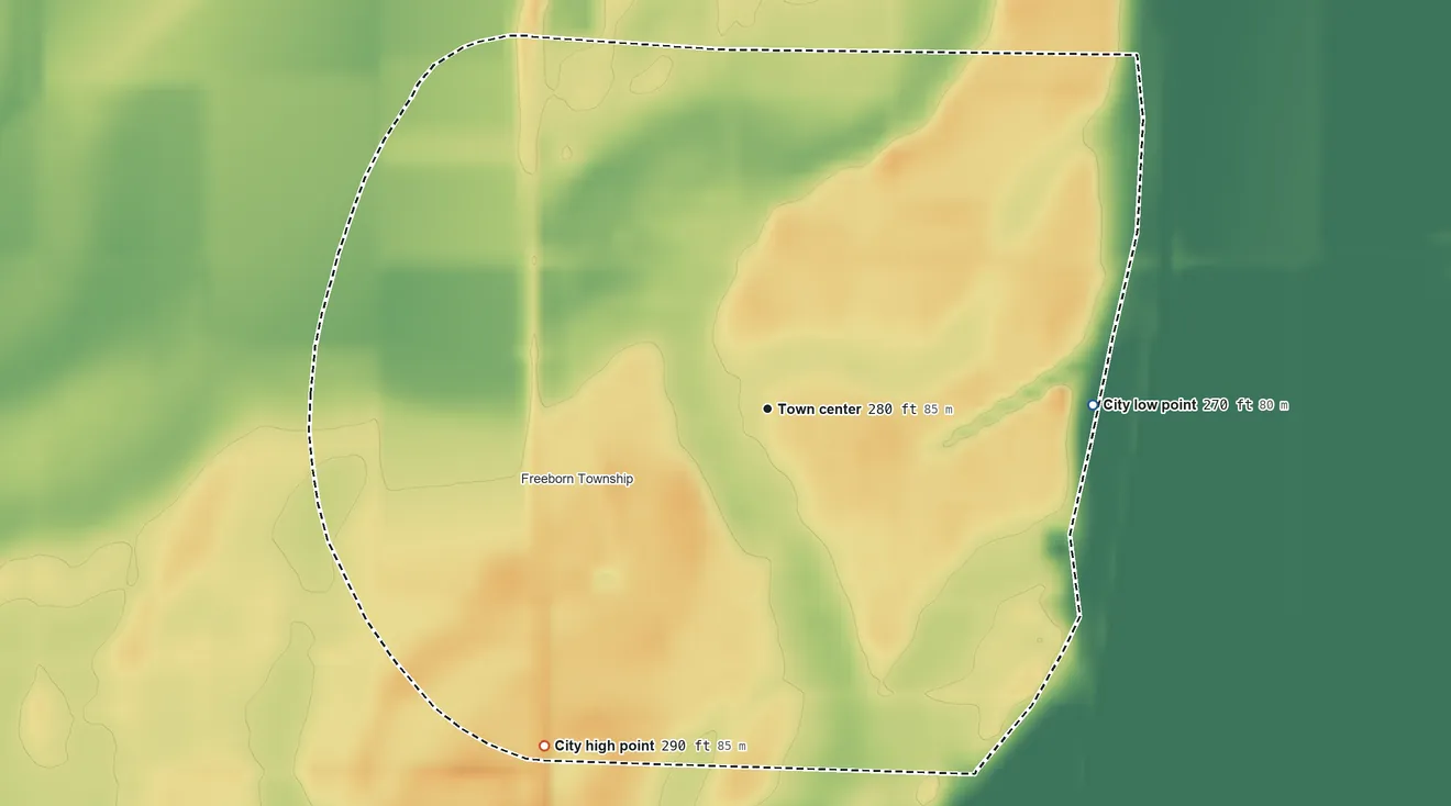 Topographic elevation map of Clarkton, Missouri, shaded from 270 ft on the east side to 290 ft on the southwest side