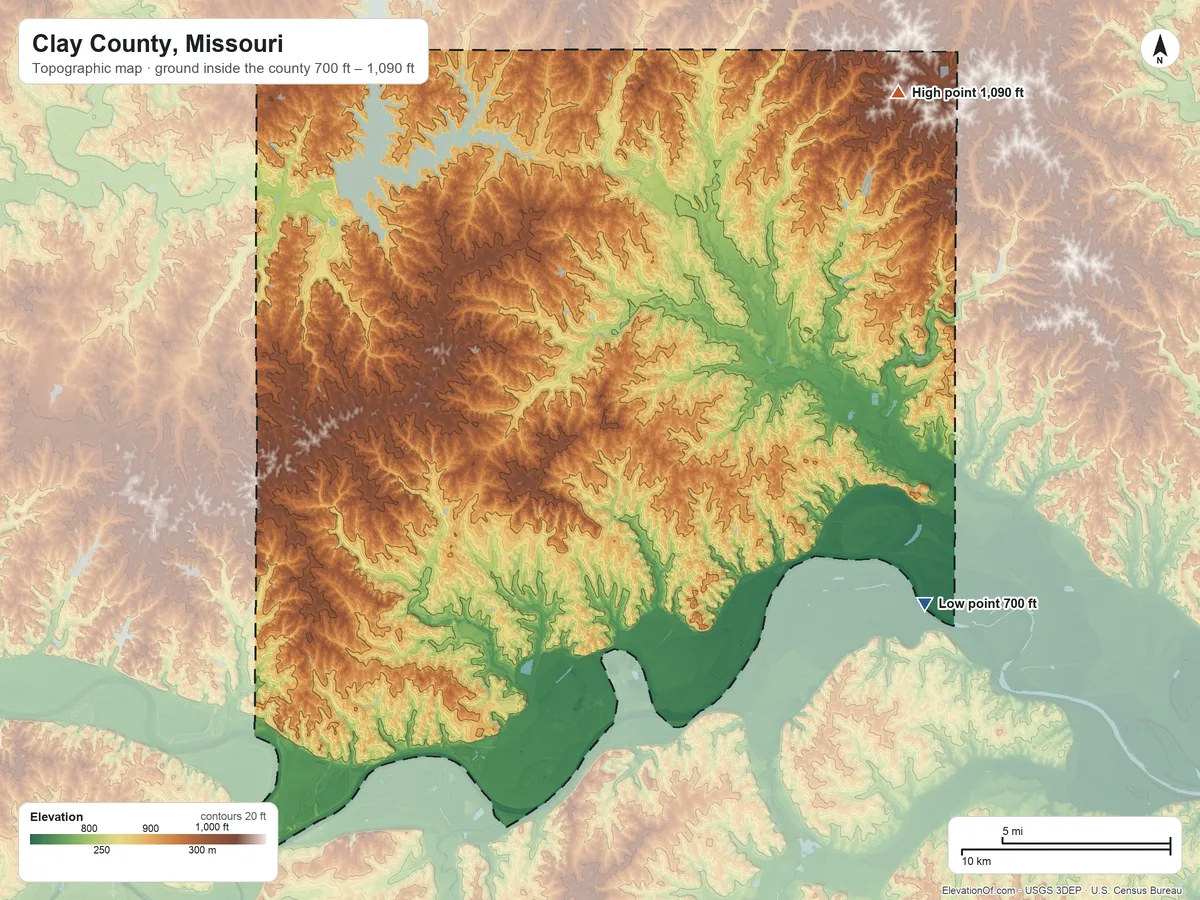 Topographic elevation map of Clay County, Missouri, shaded from 700 ft on the southeast side to 1,090 ft on the northeast side