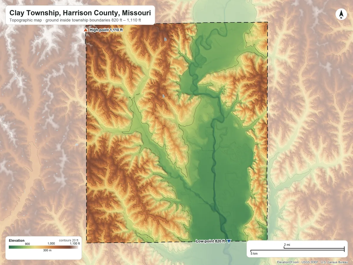 Topographic elevation map of Clay Township, Harrison County, Missouri, shaded from 820 ft on the south side to 1,110 ft on the northwest side