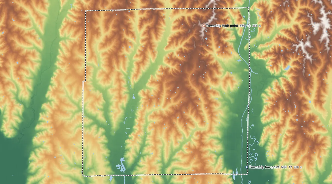 Topographic elevation map of Clay Township, Linn County, Missouri, shaded from 690 ft on the southeast side to 860 ft on the northeast side