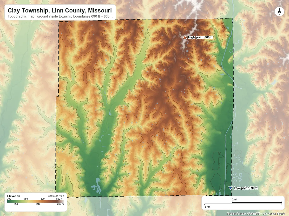 Topographic elevation map of Clay Township, Linn County, Missouri, shaded from 690 ft on the southeast side to 860 ft on the northeast side