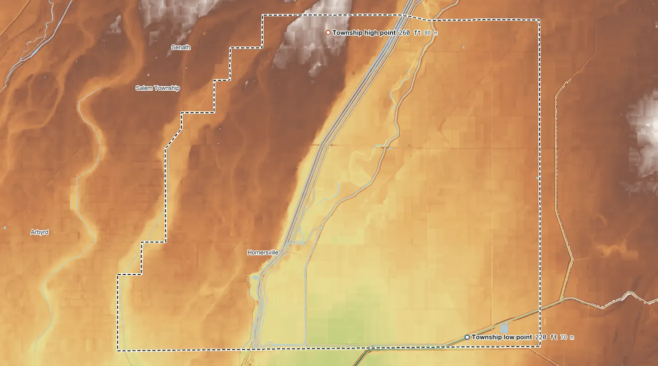 Topographic elevation map of Clay Township, Missouri, shaded from 220 ft on the southeast side to 260 ft on the north side