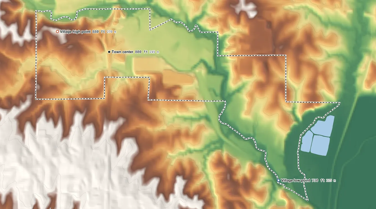 Topographic elevation map of Claycomo, Missouri, shaded from 730 ft on the southeast side to 880 ft on the west side