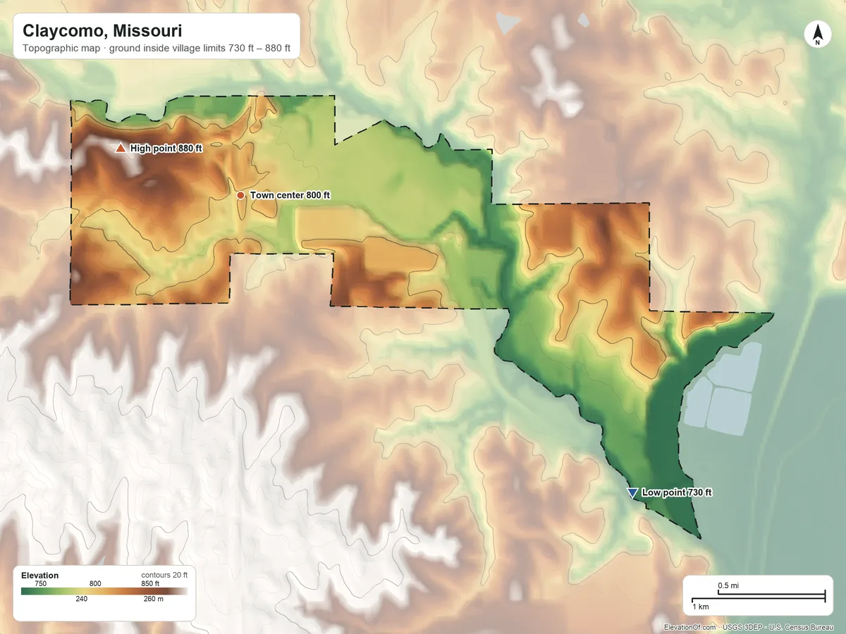 Topographic elevation map of Claycomo, Missouri, shaded from 730 ft on the southeast side to 880 ft on the west side