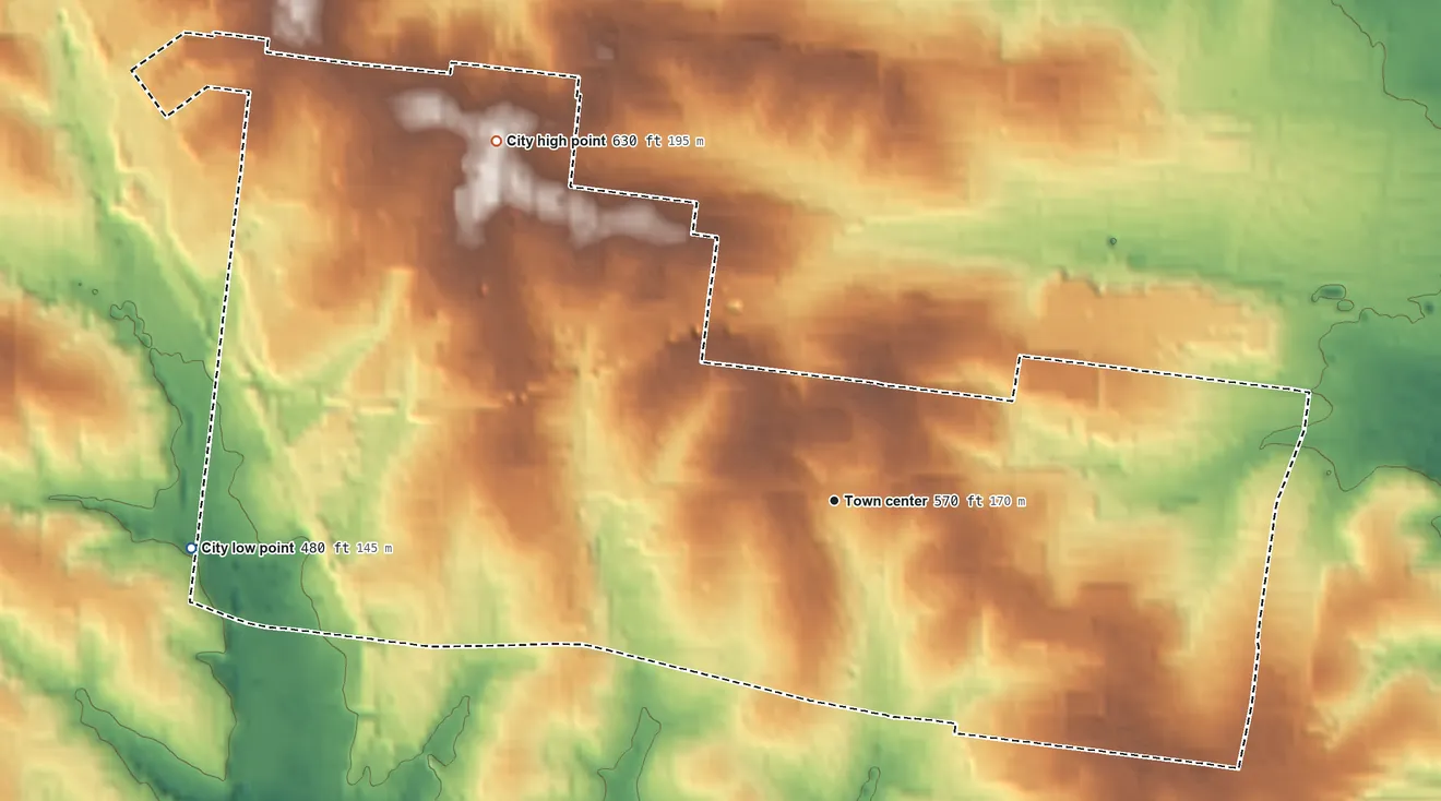 Topographic elevation map of Clayton, Missouri, shaded from 480 ft on the west side to 630 ft on the northwest side