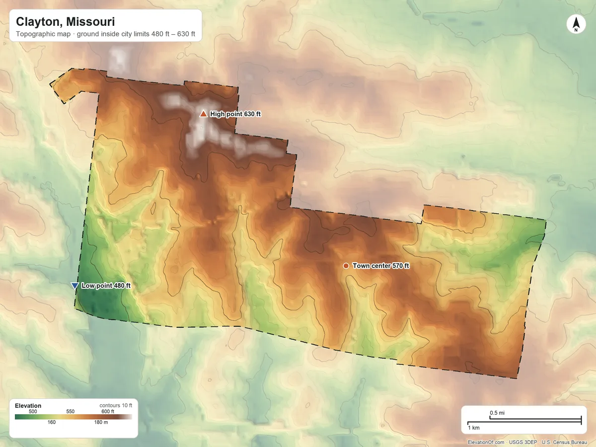 Topographic elevation map of Clayton, Missouri, shaded from 480 ft on the west side to 630 ft on the northwest side