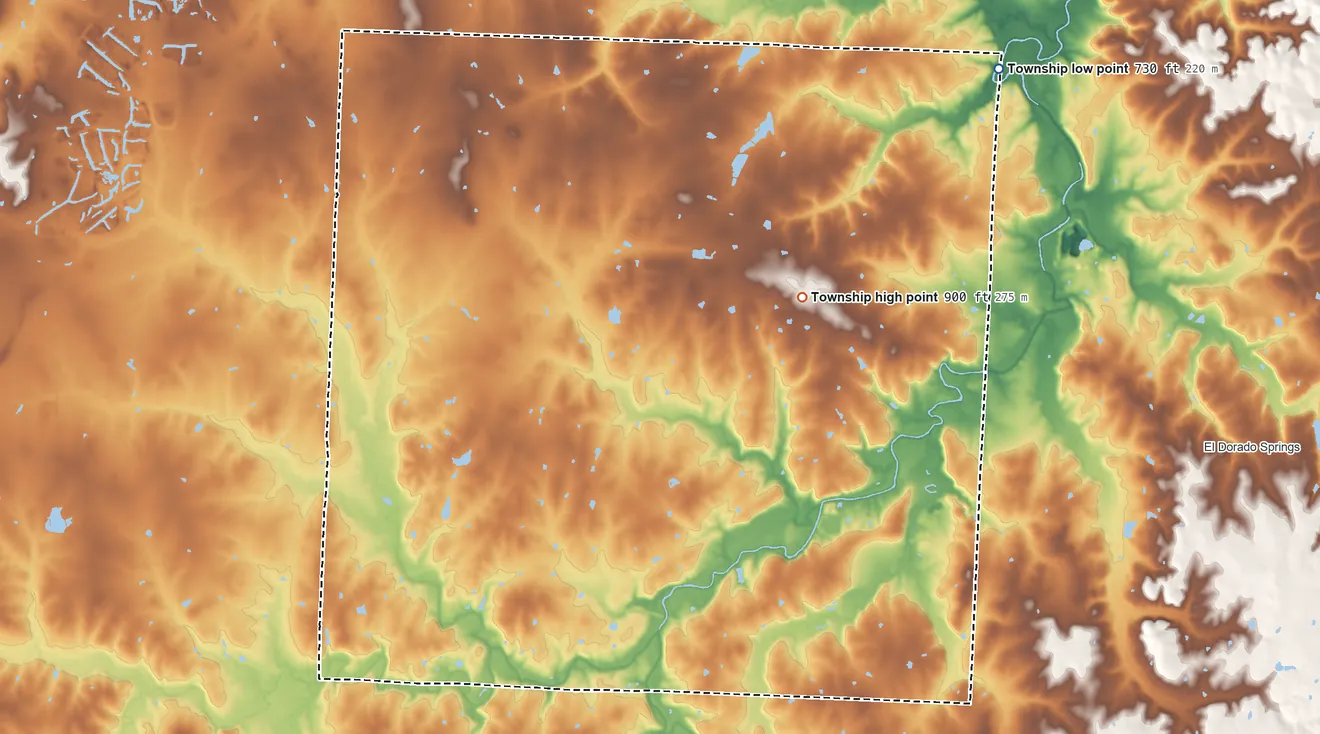 Topographic elevation map of Clear Creek Township, Missouri, shaded from 730 ft on the northeast side to 900 ft on the northeast side