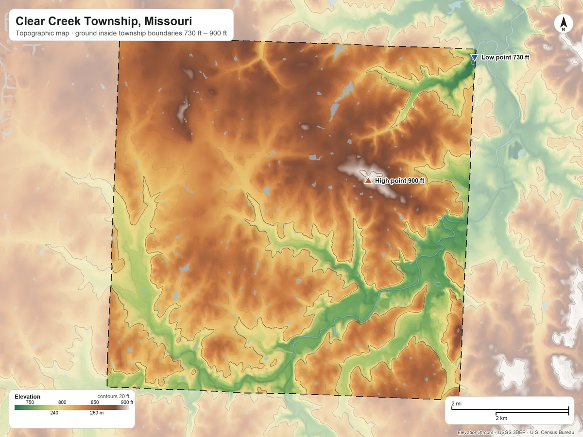 Topographic elevation map of Clear Creek Township, Missouri, shaded from 730 ft on the northeast side to 900 ft on the northeast side