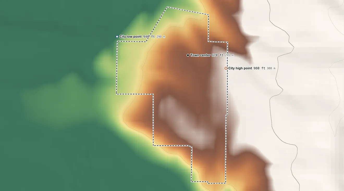 Topographic elevation map of Clearmont, Missouri, shaded from 940 ft on the west side to 980 ft on the east side