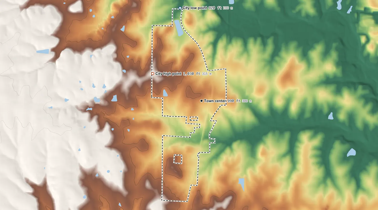Topographic elevation map of Cleveland, Missouri, shaded from 920 ft on the north side to 1,030 ft on the northwest side