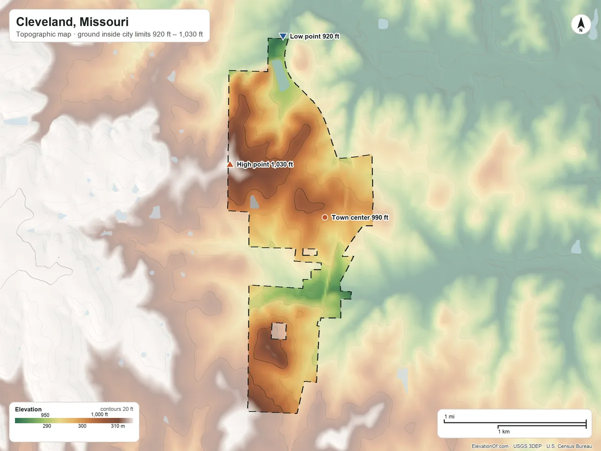 Topographic elevation map of Cleveland, Missouri, shaded from 920 ft on the north side to 1,030 ft on the northwest side