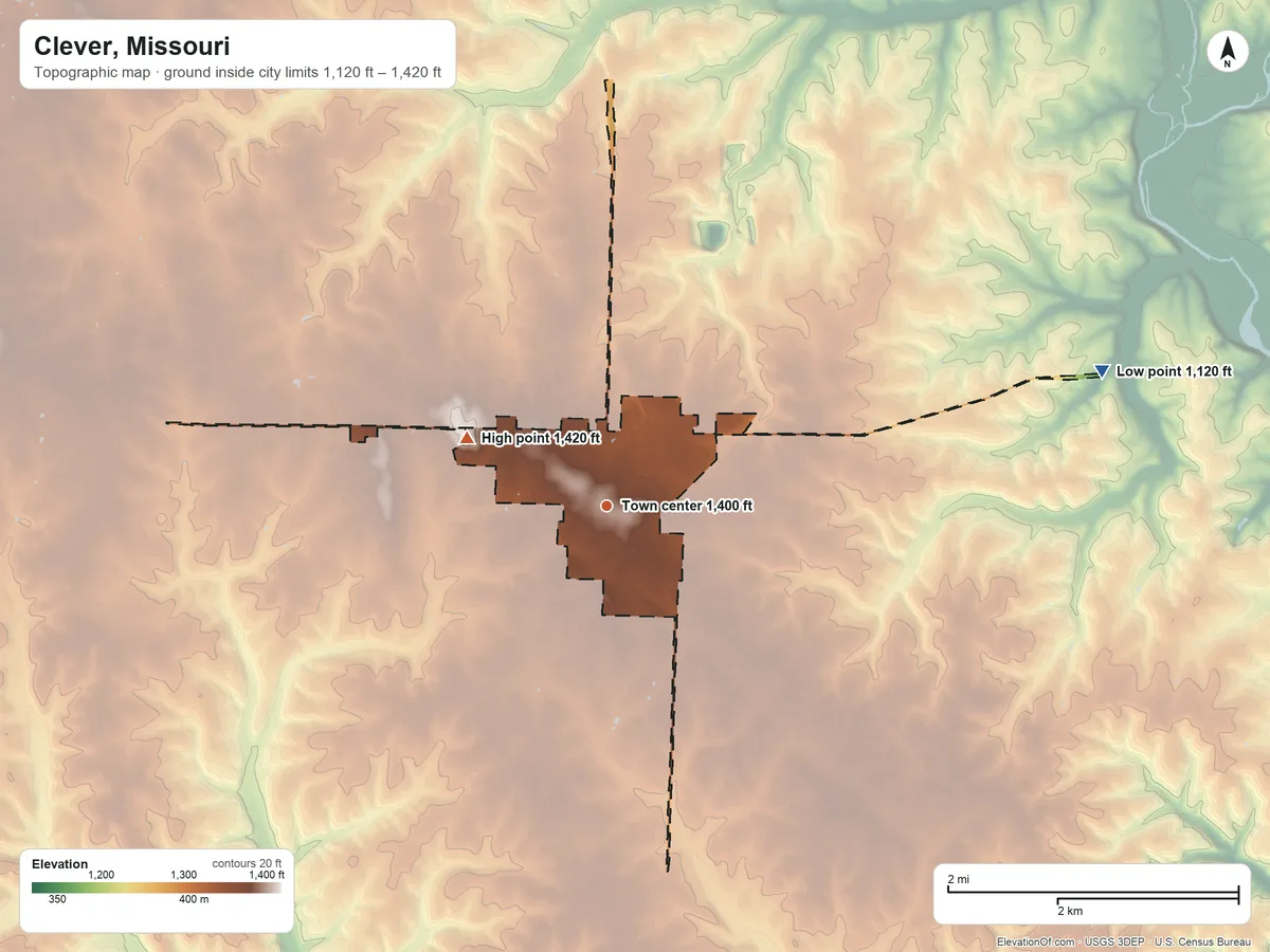 Topographic elevation map of Clever, Missouri, shaded from 1,120 ft on the east side to 1,420 ft on the northwest side