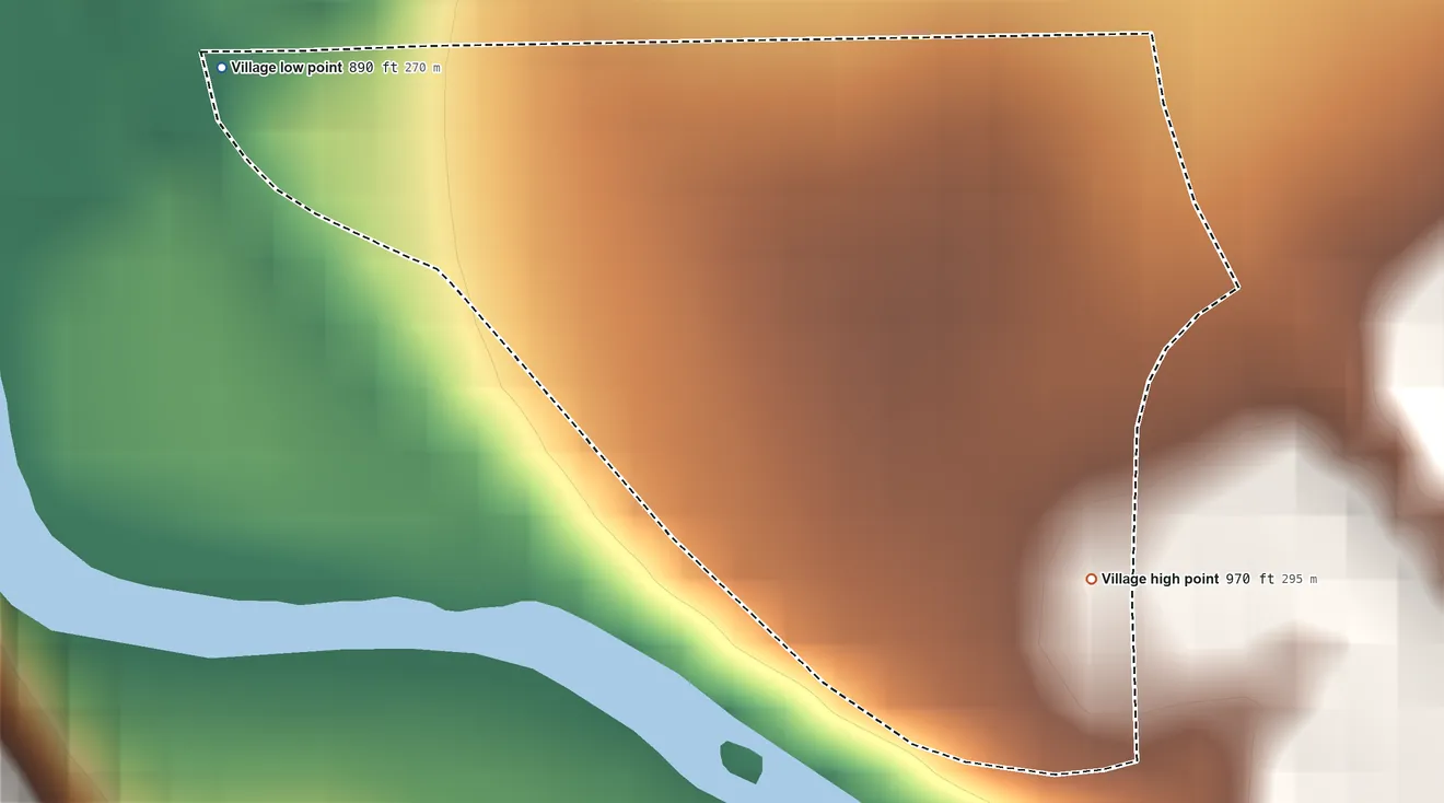 Topographic elevation map of Cliff Village, Missouri, shaded from 890 ft on the northwest side to 970 ft on the southeast side