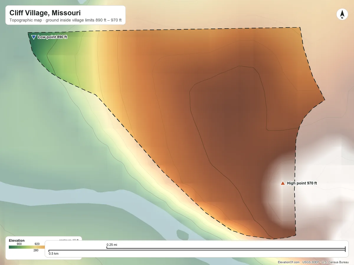 Topographic elevation map of Cliff Village, Missouri, shaded from 890 ft on the northwest side to 970 ft on the southeast side