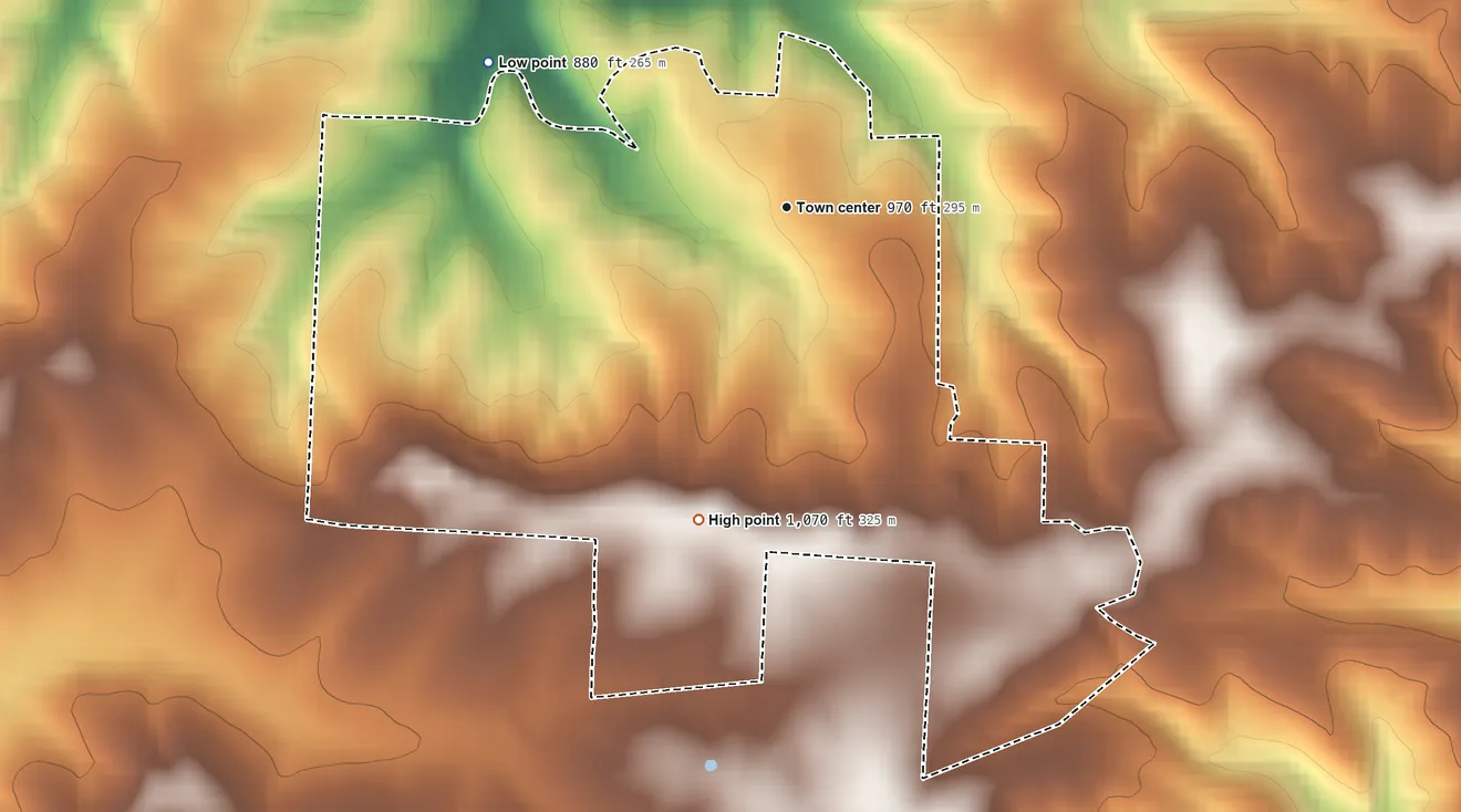 Topographic elevation map of Climax Springs, Missouri, shaded from 880 ft on the northwest side to 1,070 ft on the south side