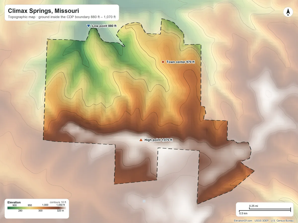 Topographic elevation map of Climax Springs, Missouri, shaded from 880 ft on the northwest side to 1,070 ft on the south side