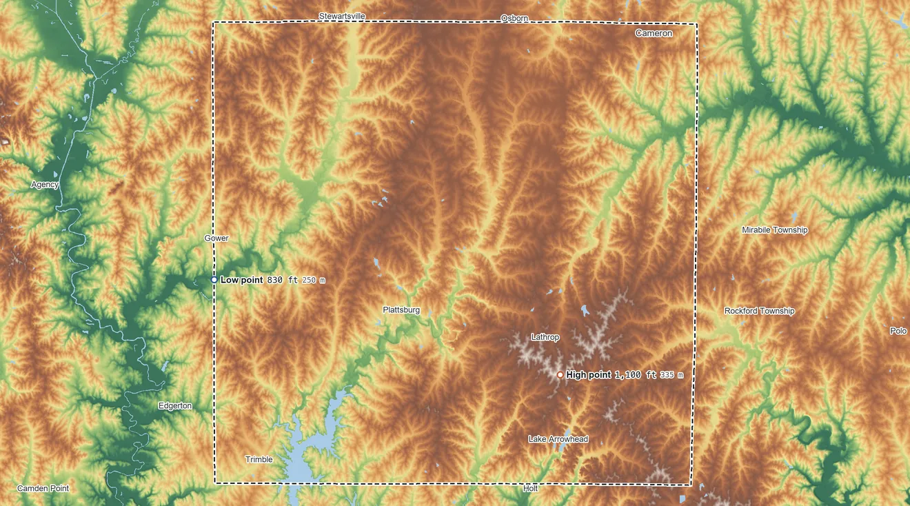 Topographic elevation map of Clinton County, Missouri, shaded from 830 ft on the west side to 1,100 ft on the southeast side