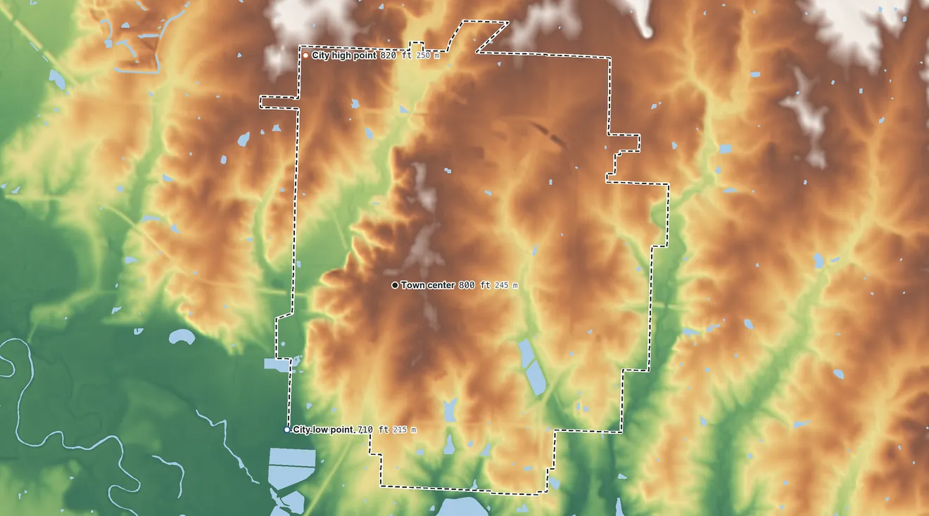 Topographic elevation map of Clinton, Missouri, shaded from 710 ft on the southwest side to 820 ft on the north side