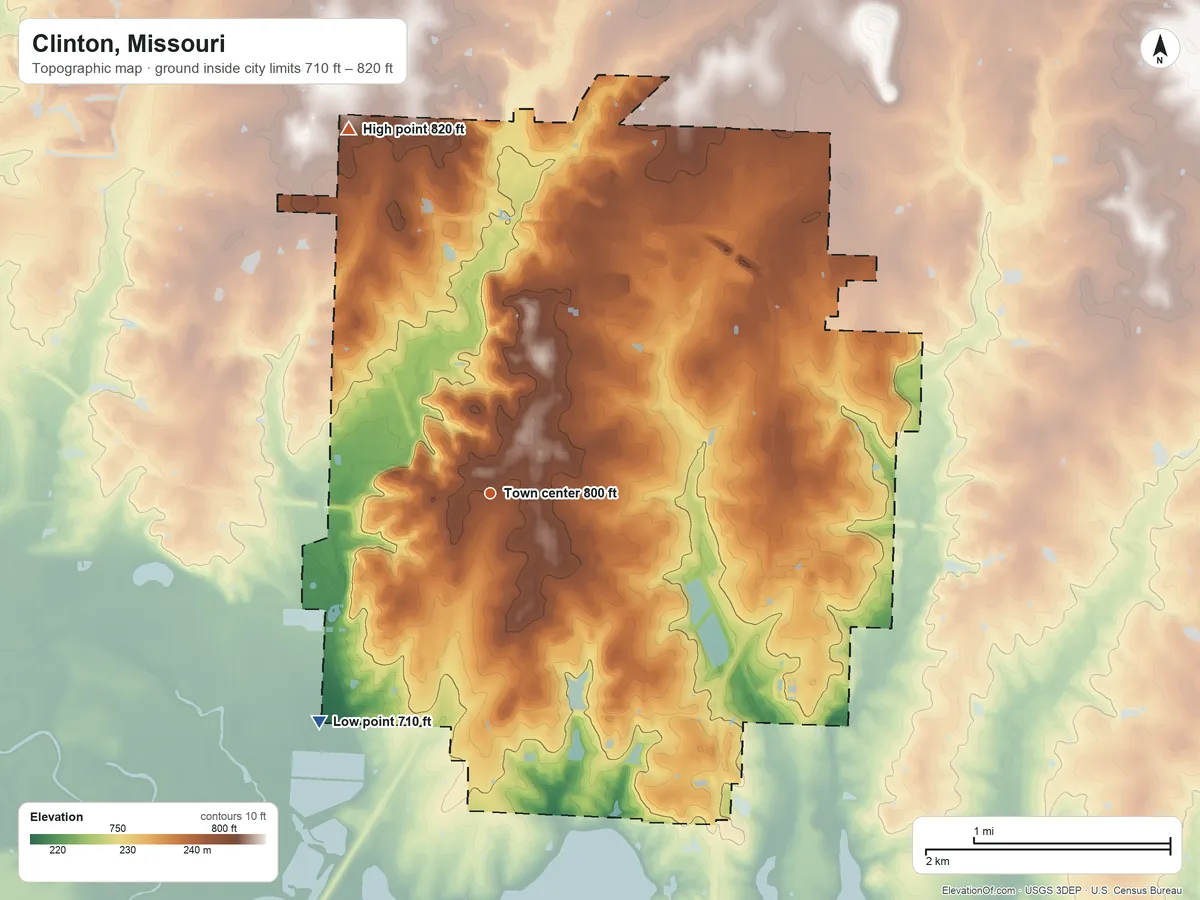 Topographic elevation map of Clinton, Missouri, shaded from 710 ft on the southwest side to 820 ft on the north side