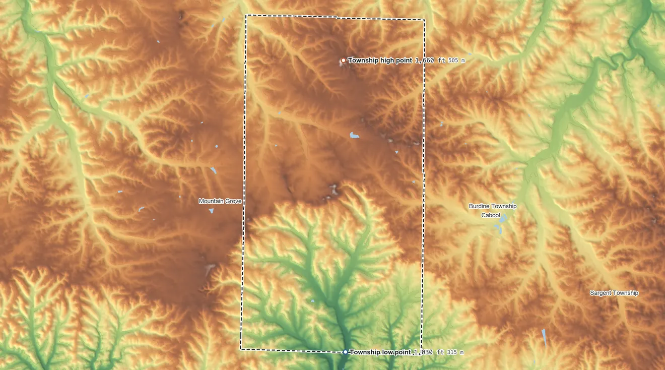 Topographic elevation map of Clinton Township, Texas County, Missouri, shaded from 1,030 ft on the south side to 1,660 ft on the north side