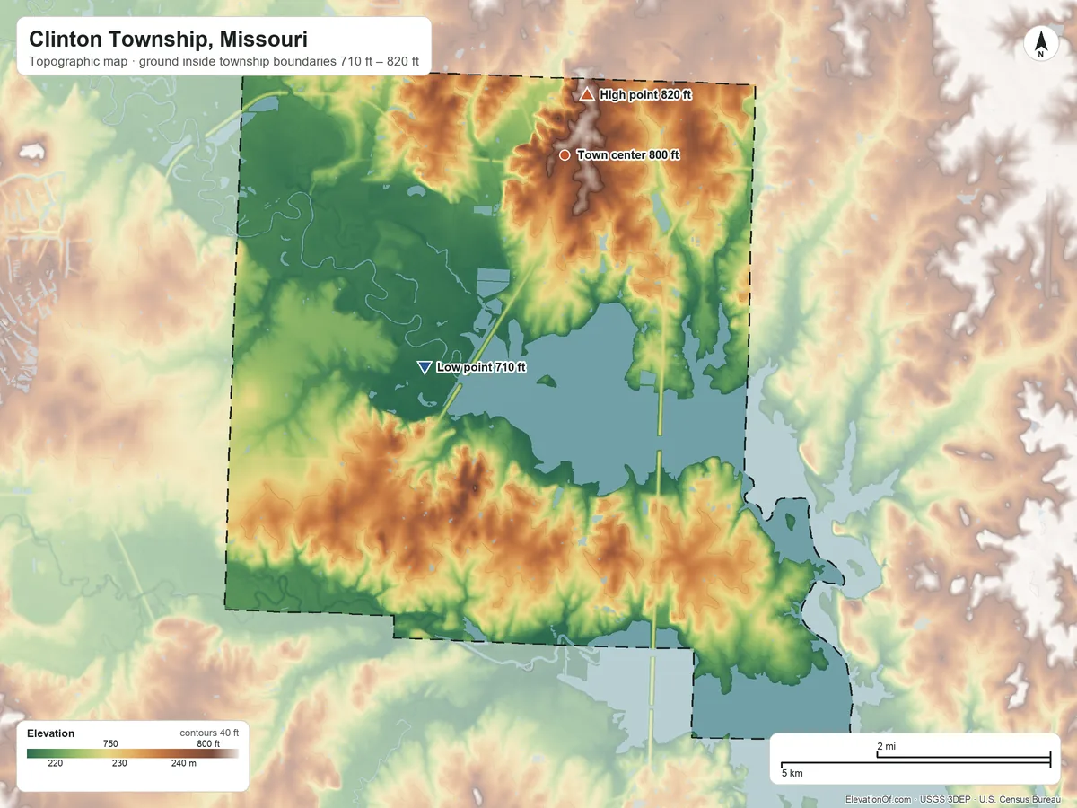 Topographic elevation map of Clinton Township, Missouri, shaded from 710 ft on the southwest side to 820 ft near the middle
