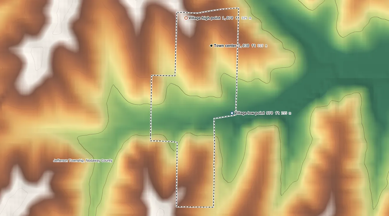 Topographic elevation map of Clyde, Missouri, shaded from 970 ft on the south side to 1,070 ft on the northwest side