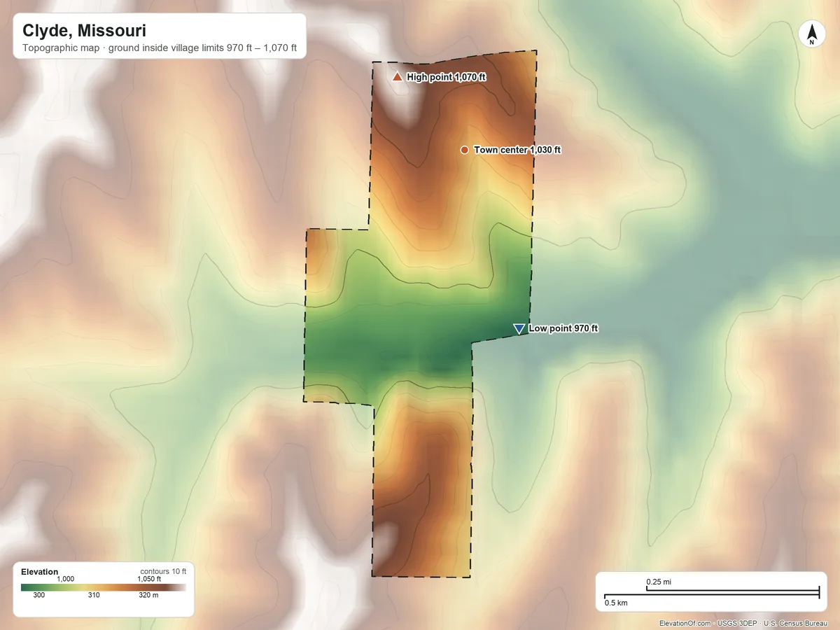 Topographic elevation map of Clyde, Missouri, shaded from 970 ft on the south side to 1,070 ft on the northwest side