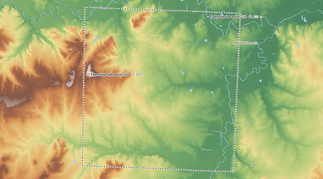 Topographic elevation map of Coal Township, Missouri, shaded from 750 ft on the northeast side to 980 ft on Vetters Hill