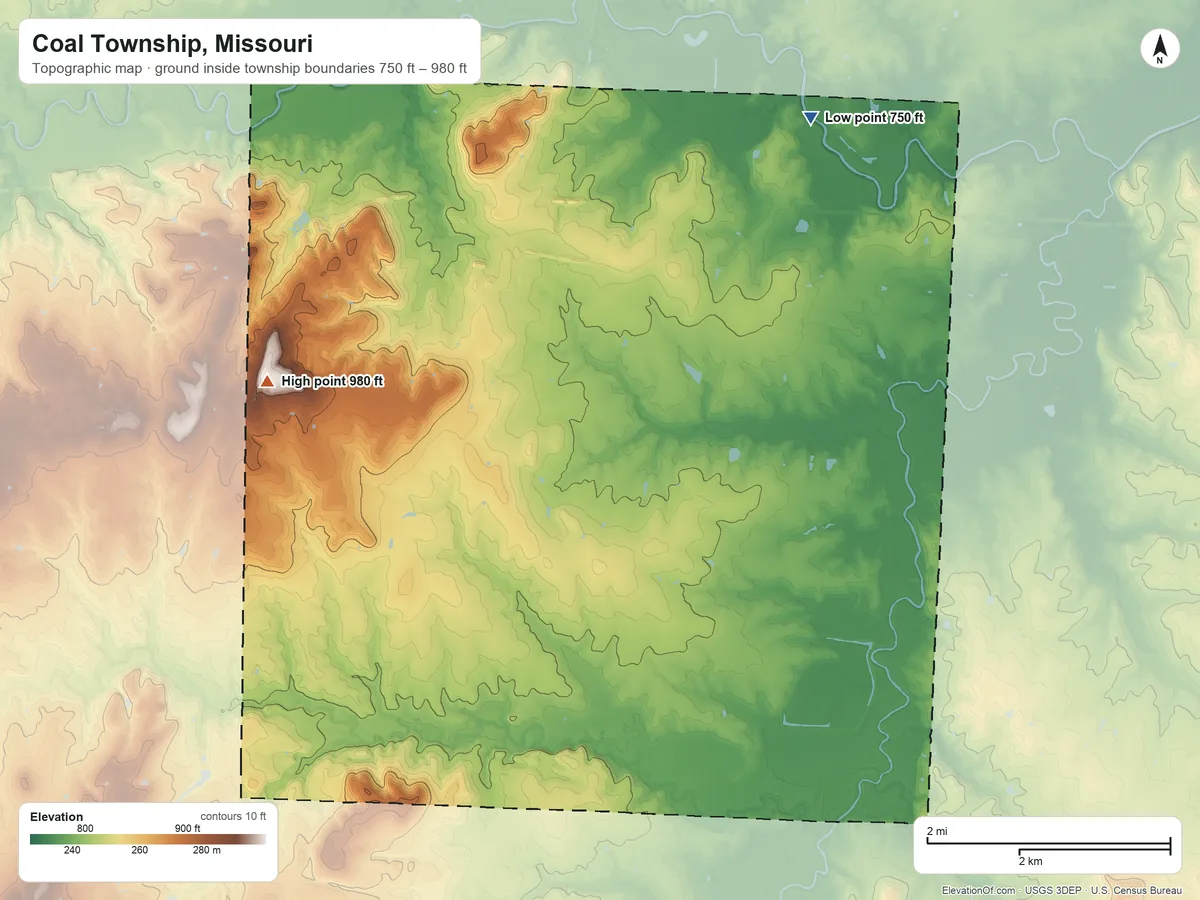 Topographic elevation map of Coal Township, Missouri, shaded from 750 ft on the northeast side to 980 ft on Vetters Hill