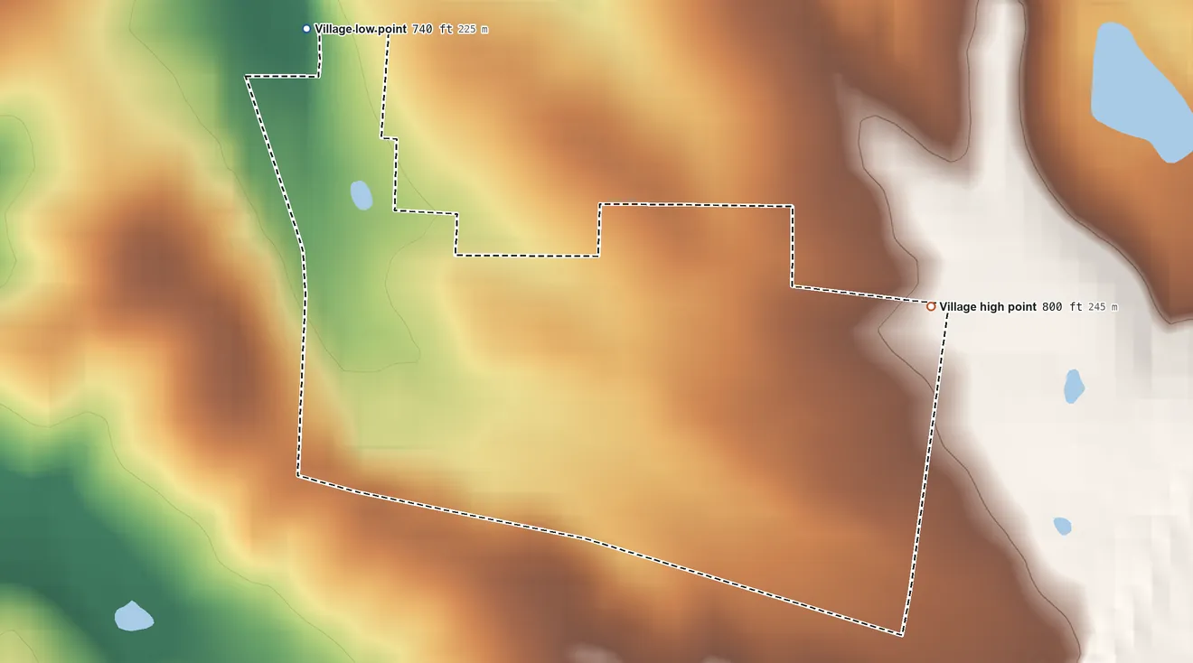 Topographic elevation map of Cobalt, Missouri, shaded from 740 ft on the northwest side to 800 ft on the east side