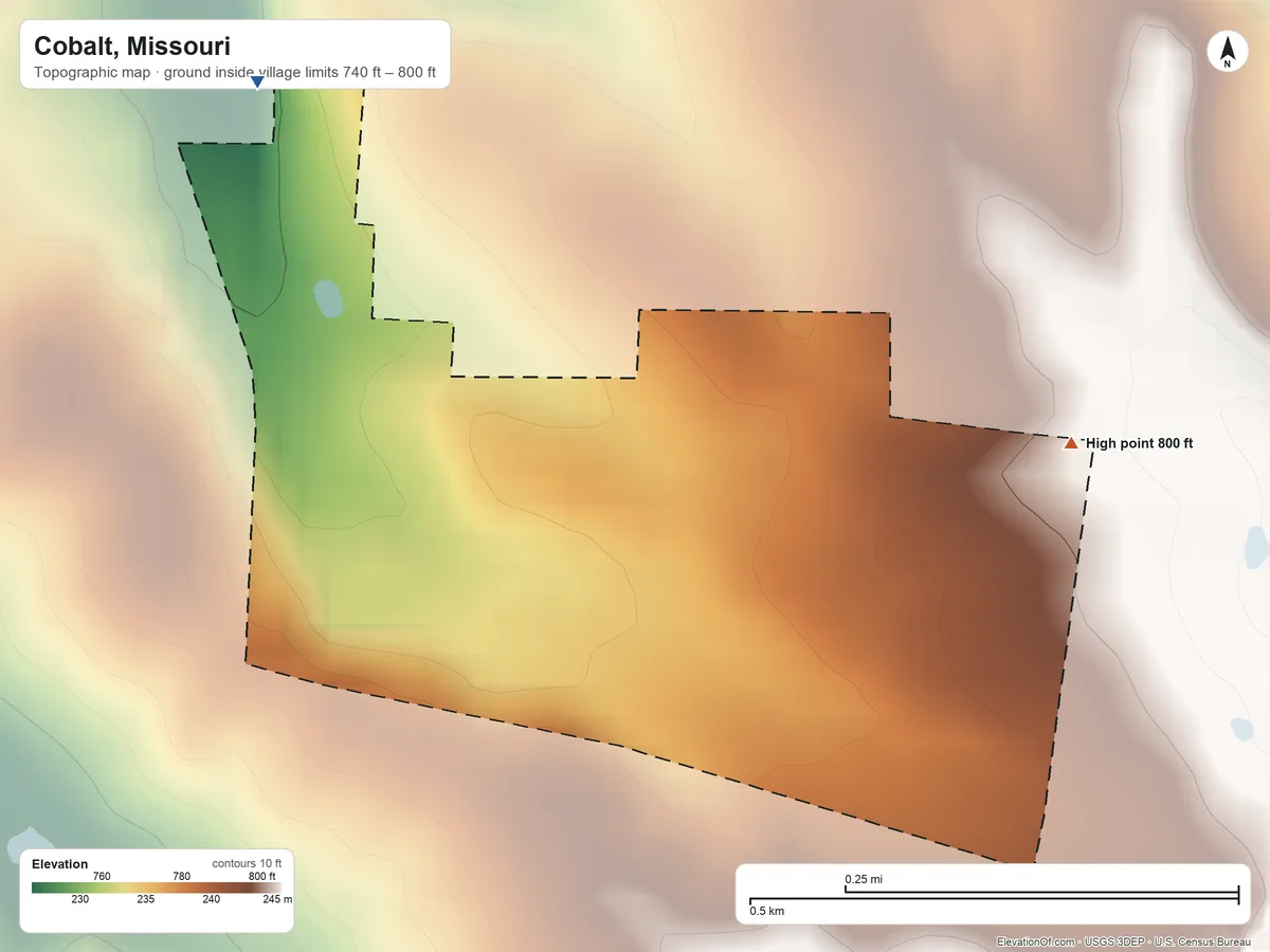Topographic elevation map of Cobalt, Missouri, shaded from 740 ft on the northwest side to 800 ft on the east side