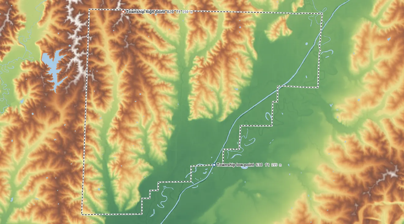Topographic elevation map of Cockrell Township, Missouri, shaded from 630 ft on the southeast side to 820 ft on the northwest side