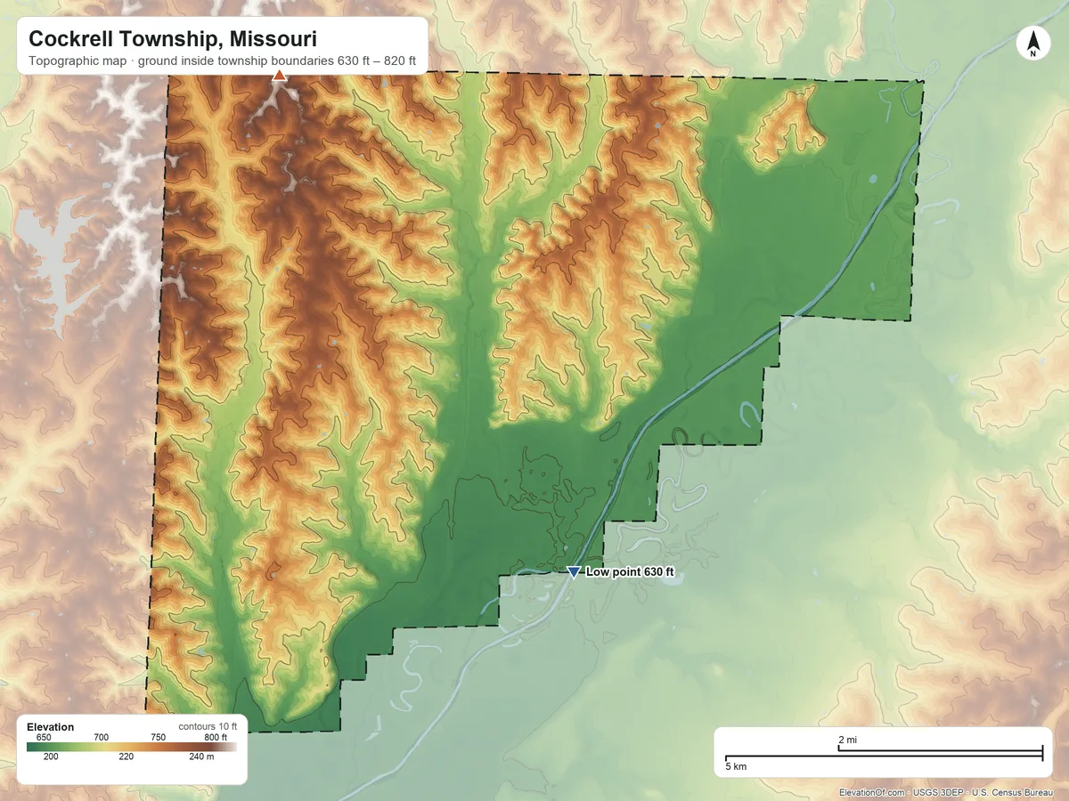 Topographic elevation map of Cockrell Township, Missouri, shaded from 630 ft on the southeast side to 820 ft on the northwest side