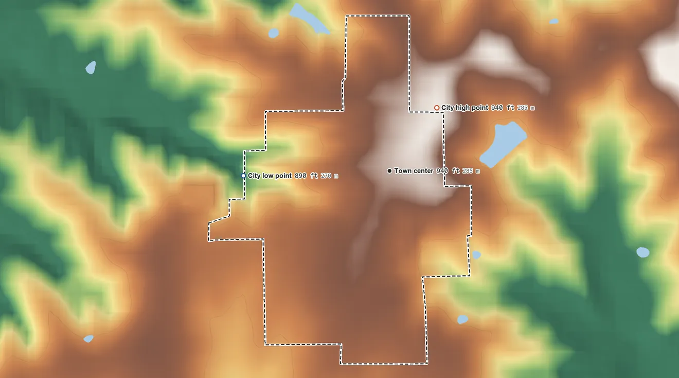 Topographic elevation map of Coffey, Missouri, shaded from 890 ft on the west side to 940 ft on the northeast side