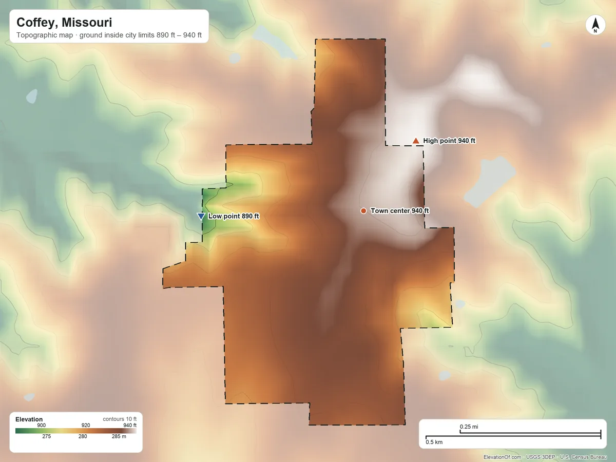 Topographic elevation map of Coffey, Missouri, shaded from 890 ft on the west side to 940 ft on the northeast side