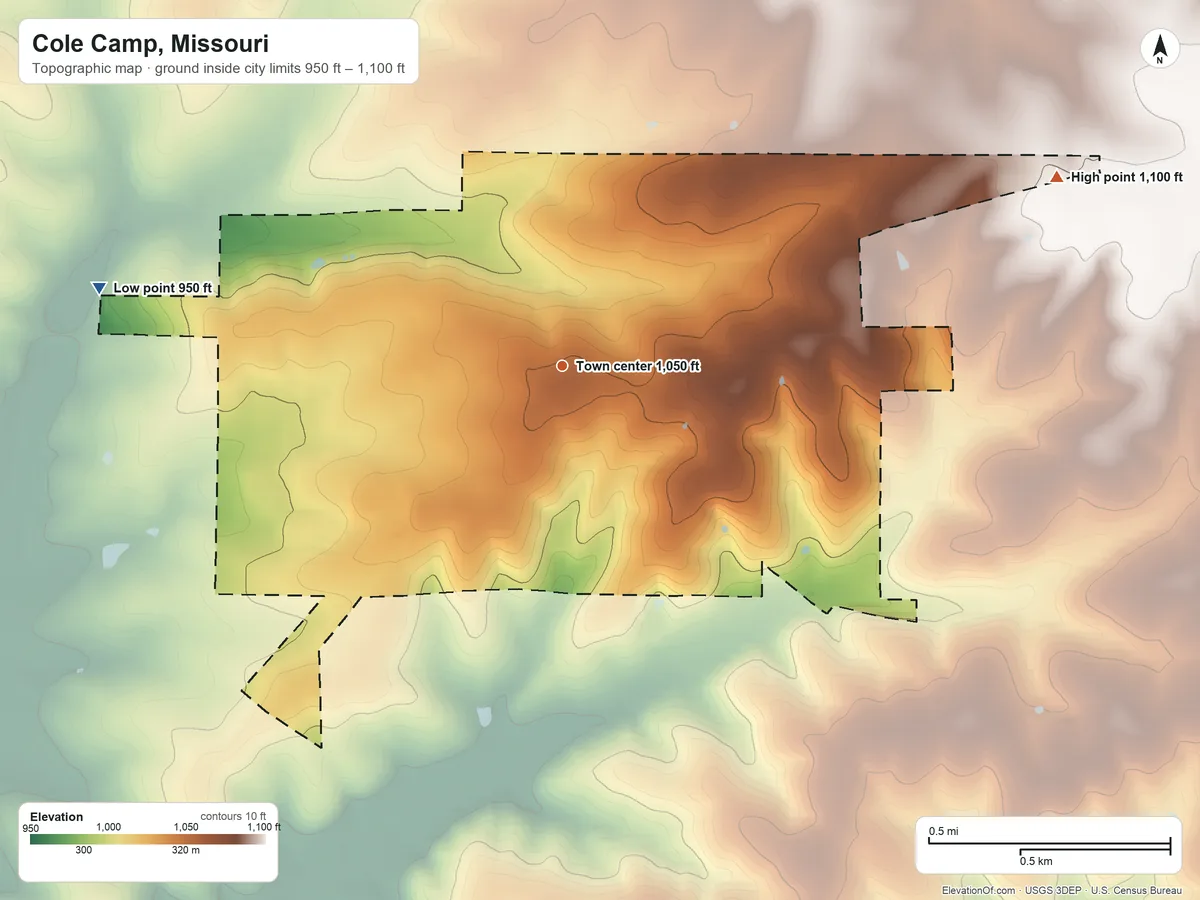 Topographic elevation map of Cole Camp, Missouri, shaded from 950 ft on the west side to 1,100 ft on the east side