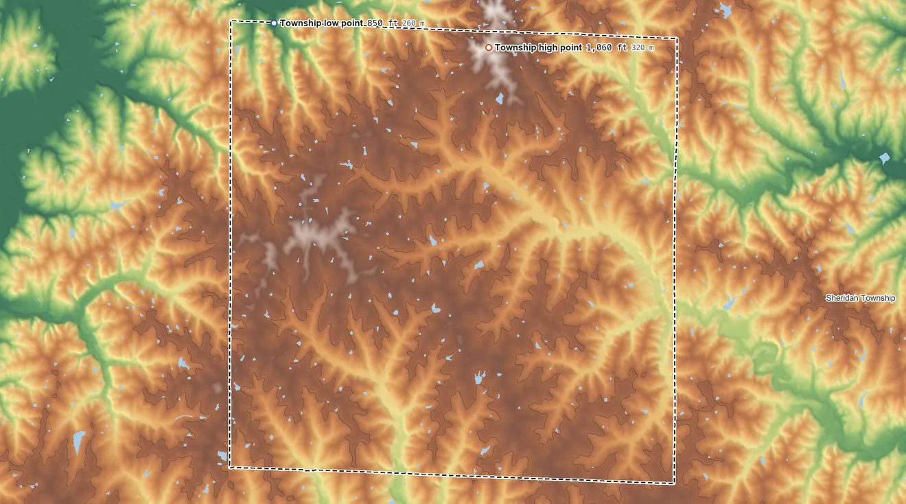 Topographic elevation map of Colfax Township, Daviess County, Missouri, shaded from 850 ft on the northwest side to 1,060 ft on the north side