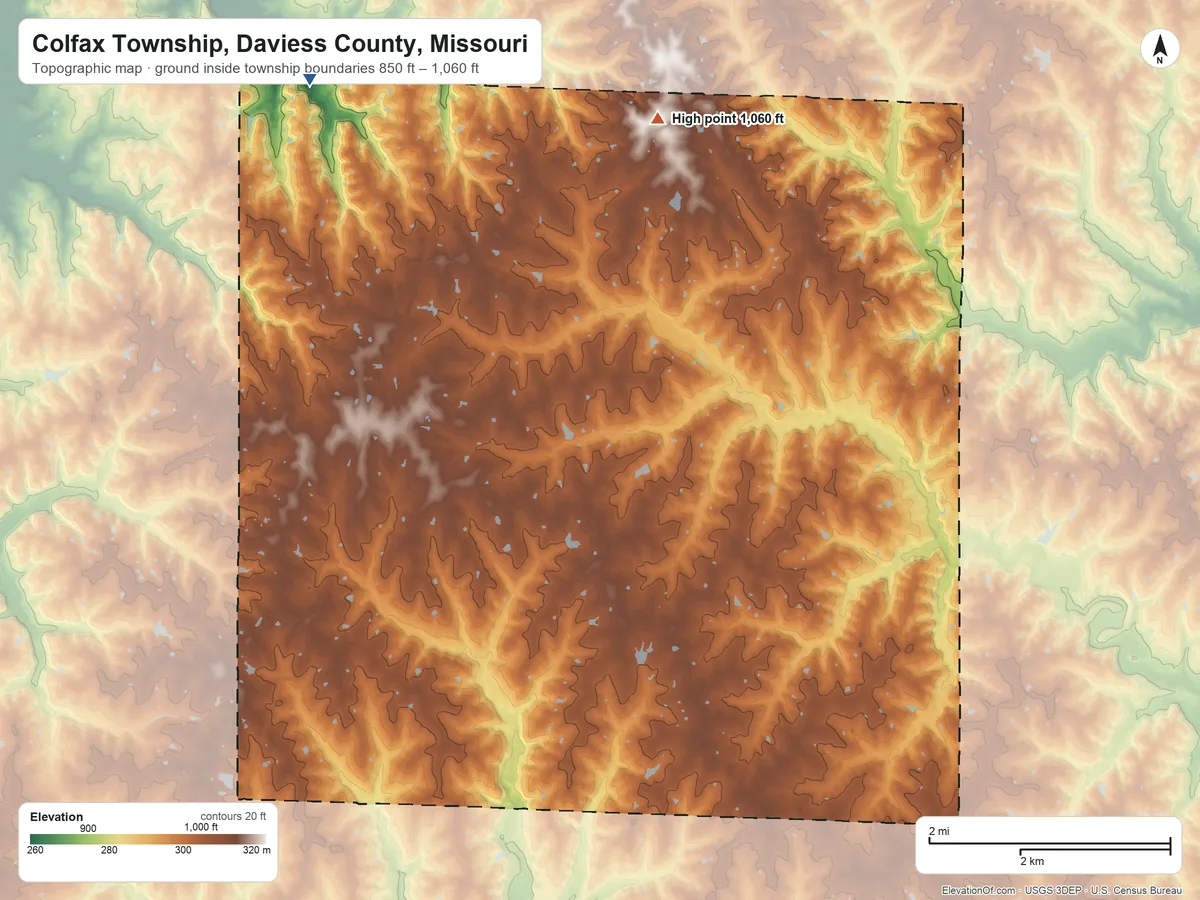 Topographic elevation map of Colfax Township, Daviess County, Missouri, shaded from 850 ft on the northwest side to 1,060 ft on the north side