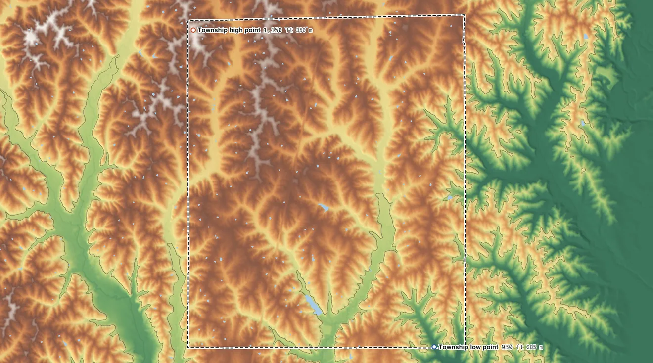 Topographic elevation map of Colfax Township, Harrison County, Missouri, shaded from 930 ft on the southeast side to 1,150 ft on the northwest side