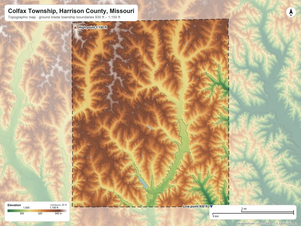 Topographic elevation map of Colfax Township, Harrison County, Missouri, shaded from 930 ft on the southeast side to 1,150 ft on the northwest side
