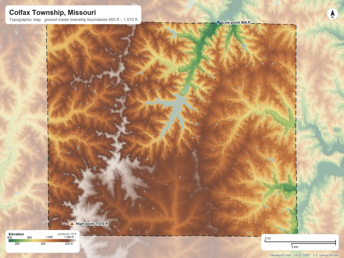 Topographic elevation map of Colfax Township, Missouri, shaded from 900 ft on the north side to 1,070 ft on the west side